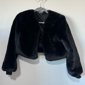 Black vegan faux fur crop jacket